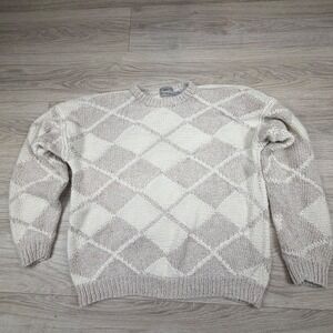 Vintage Alan Michaels Mens Hand Knitted Argyle Diamond Sweater Cream Tan Size L